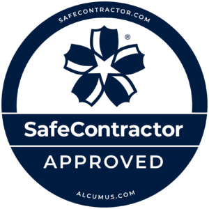 A blue circular logo declaring 'Safe Contractor Approved'