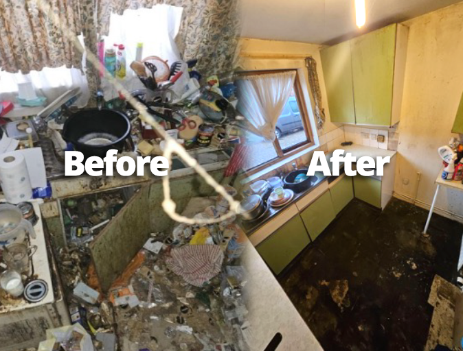 A before and after shot of a kitchen that was contaminated and required a hoarding clean