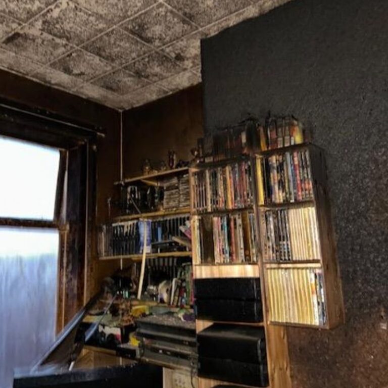 A close up photo of a bookcase damaged by fire
