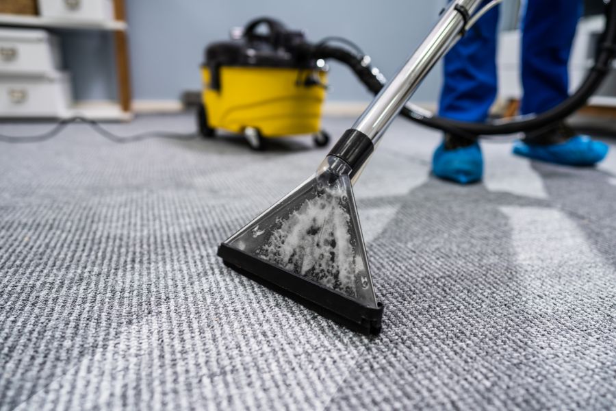 A professional carpet cleaning in the West Midlands, cleaning a domestic carpet
