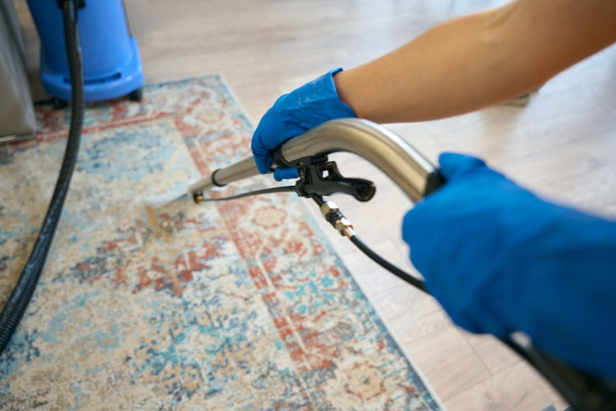 A professional carpet cleaning in the West Midlands, cleaning a shag rug