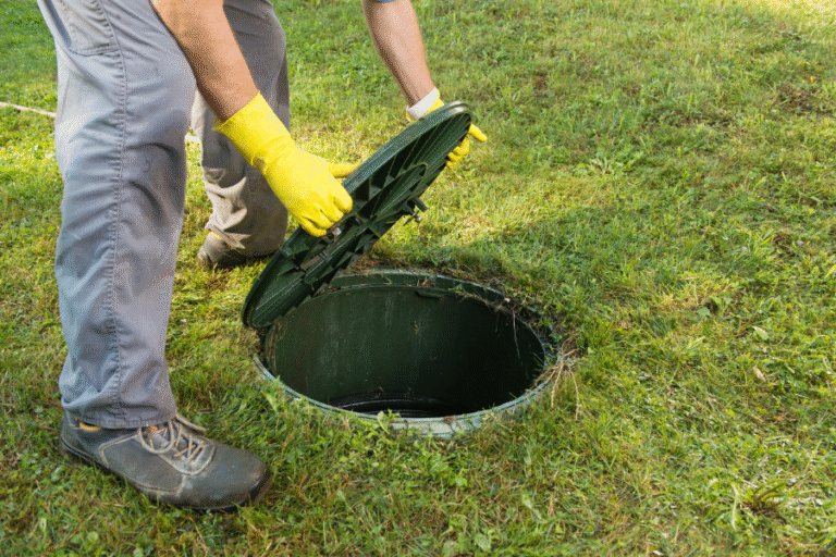 a man wearing yellow gloves lifting a drain lid on a patch of land