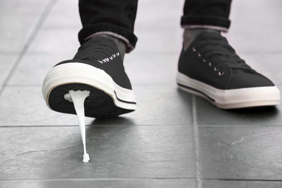 a close up of a shoe that's trodded in chewing gum
