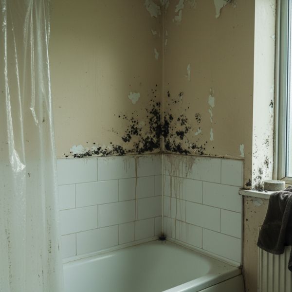 an image of harmful black mould on bathroom tiles in a UK home