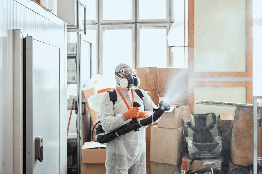 a professional emergency disinfection cleaner spraying a room in PPE