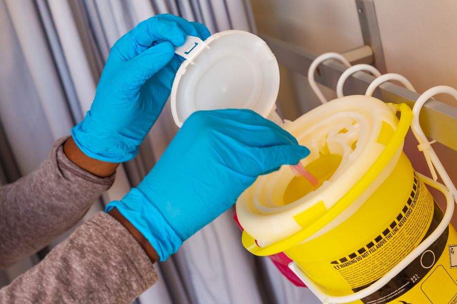a professional cleaner disposing of sharp medical equipment, safely.