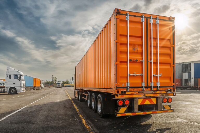 rear end of an industrial orange trailer