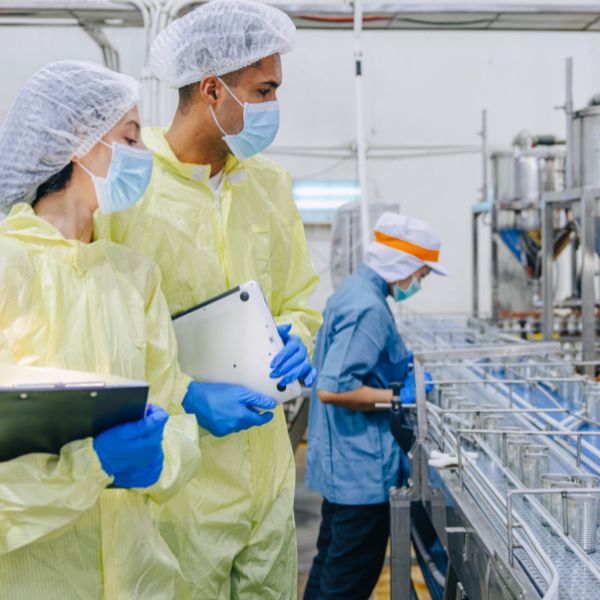Food production staff wearing PPE inside a hygienic food processing facility