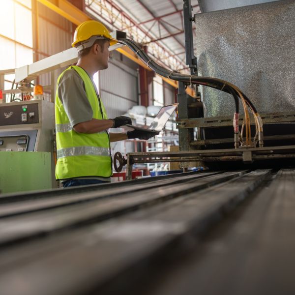 Industrial manufacturing operative working inside a production facility with machinery and equipment