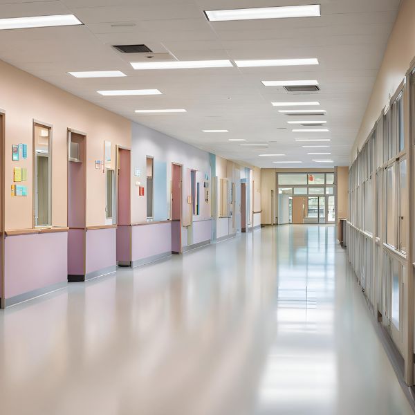 Clean school corridor within an education facility maintained to high hygiene standards