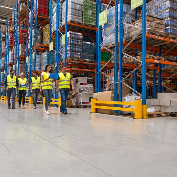 Warehouse and distribution centre with high storage racking and staff working in a logistics facility